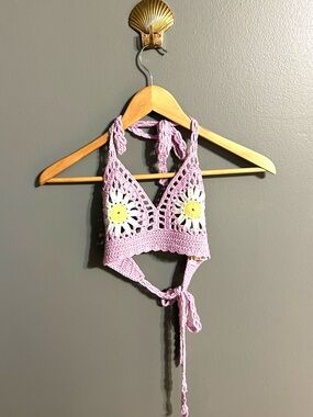 Love Sense Lavender Daisy Crochet Halter Top S